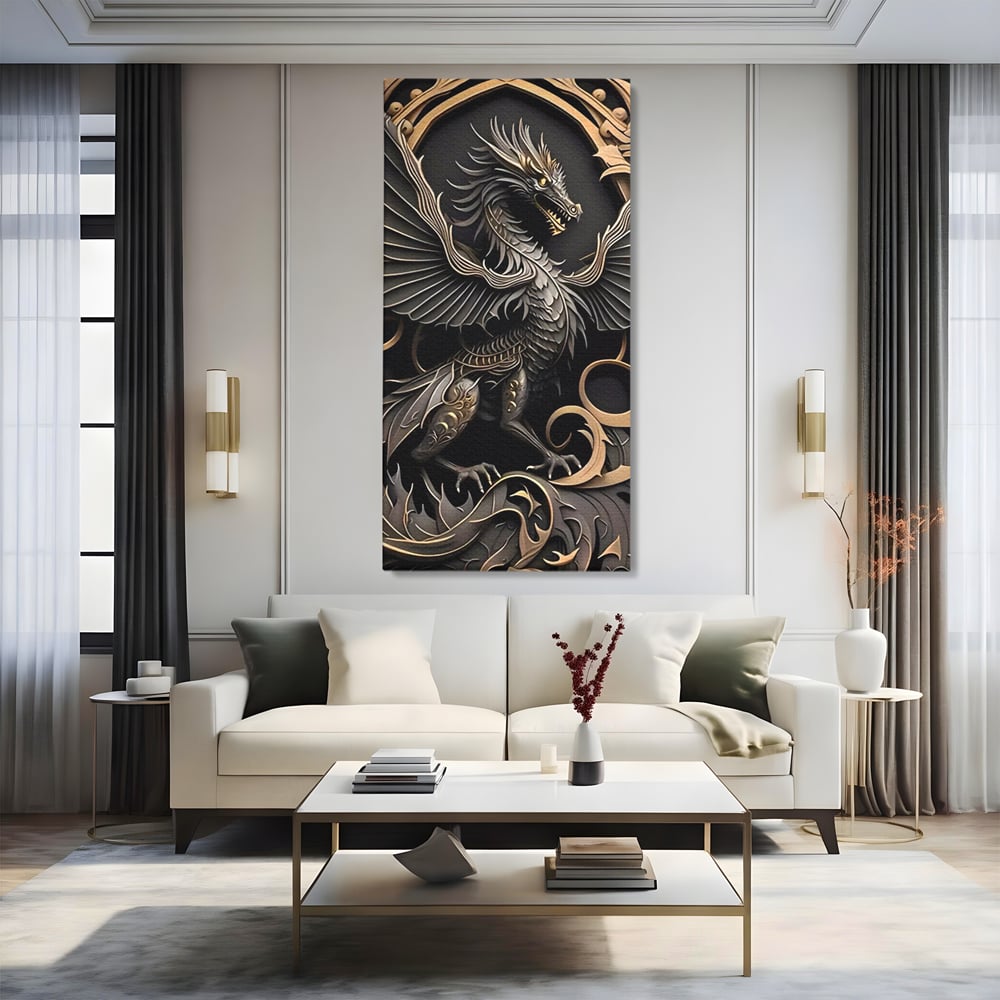 Tablou canvas cu ilustratie digitala cu dragon mitic, fara rama, pe sasiu de lemn, pe perete intr-un living